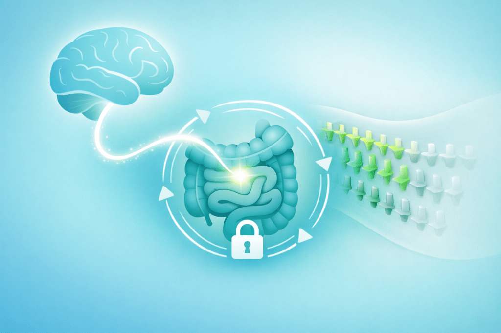 An abstract digital illustration showing the gut-brain axis and a feedback loop representing why the enteric nervous system adapts to chronic constipation supplements.