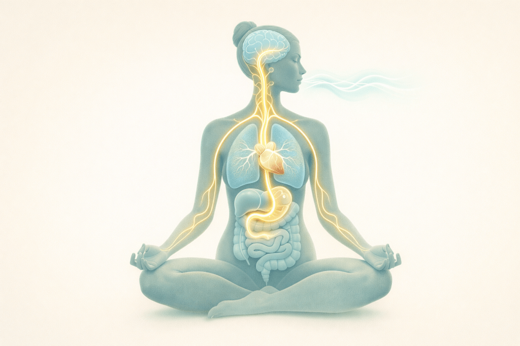 Detailed illustration of the human silhouette highlighting the golden Vagus Nerve connecting the brainstem to the digestive system, depicting it as the master regulator of IBS-C motility.