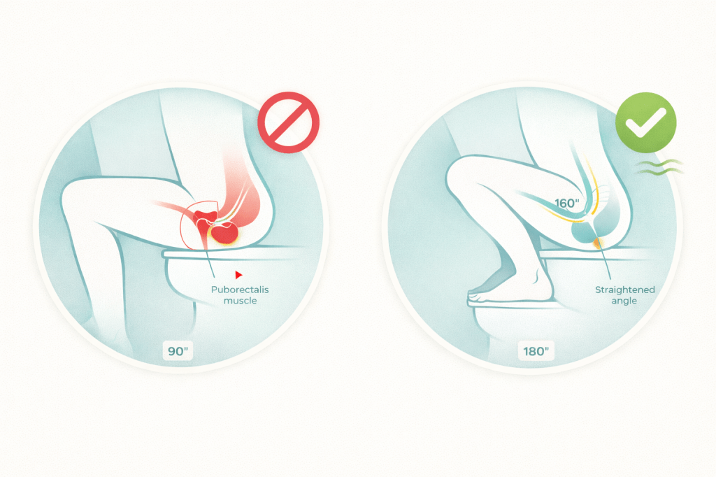 ide-by-side infographic comparing the anatomical anorectal angle and puborectalis muscle restriction during sitting versus a proper squatting position for chronic constipation relief.