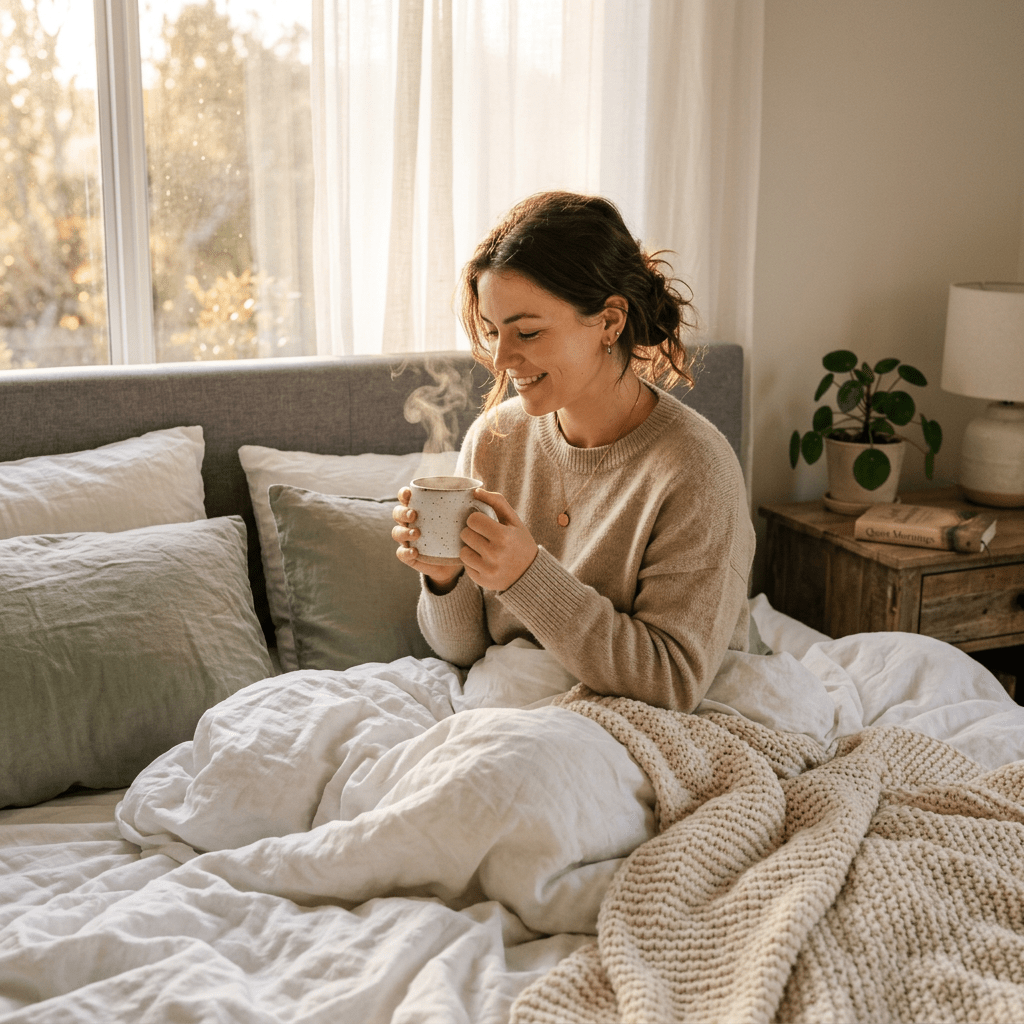 Woman sitting in bed holding a steaming mug and smiling
